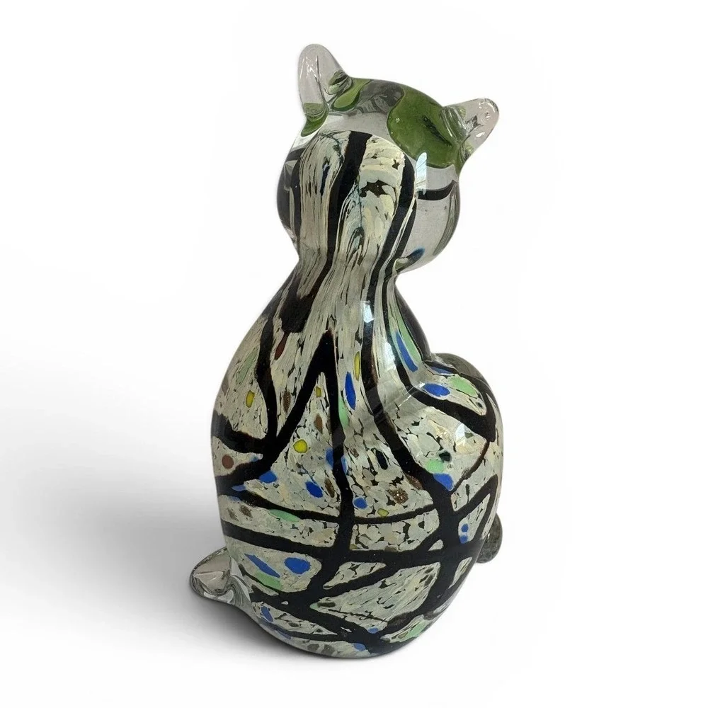 GCA Art Glass Cat Figurine Multicolor Confetti Swirl Green Eyes 6.5
